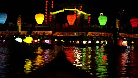 POV-from-boat-of-lanterns-and-river-in-Hoi-An-ancient-town,-UNESCO-world-heritage,-at-Quang-Nam-province,-Vietnam