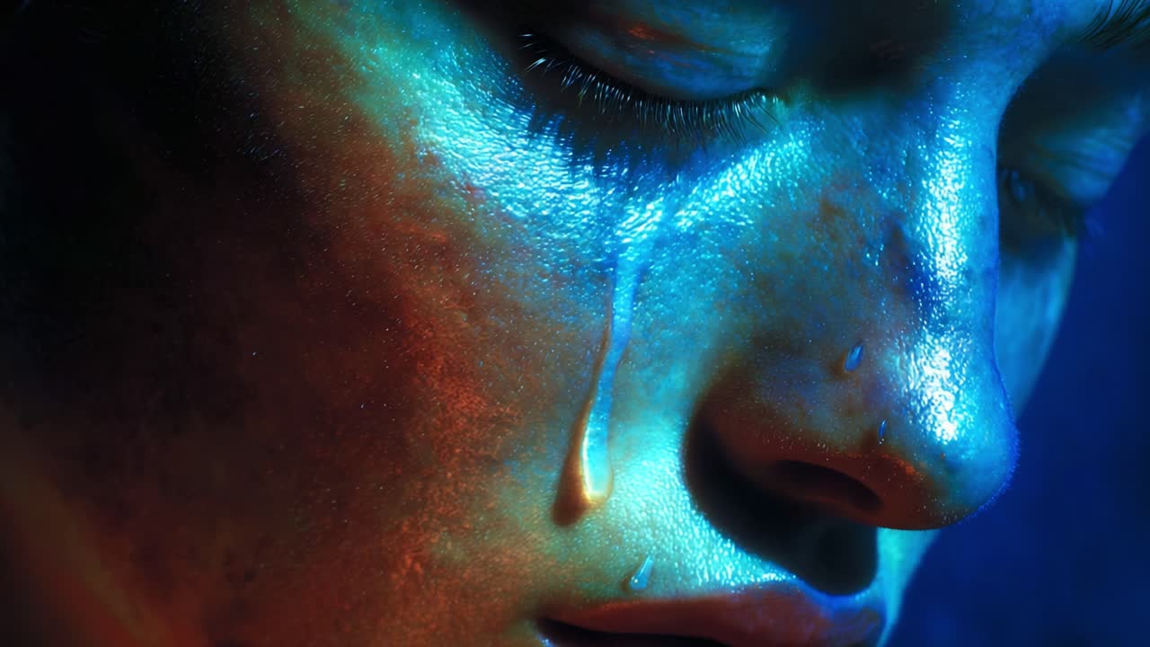 A Dramatic Close-Up of a Tear-Streaked Face with Striking Coloration and Detail, Capturing Emotion and Vulnerability Reflecting in Light and Shadow
