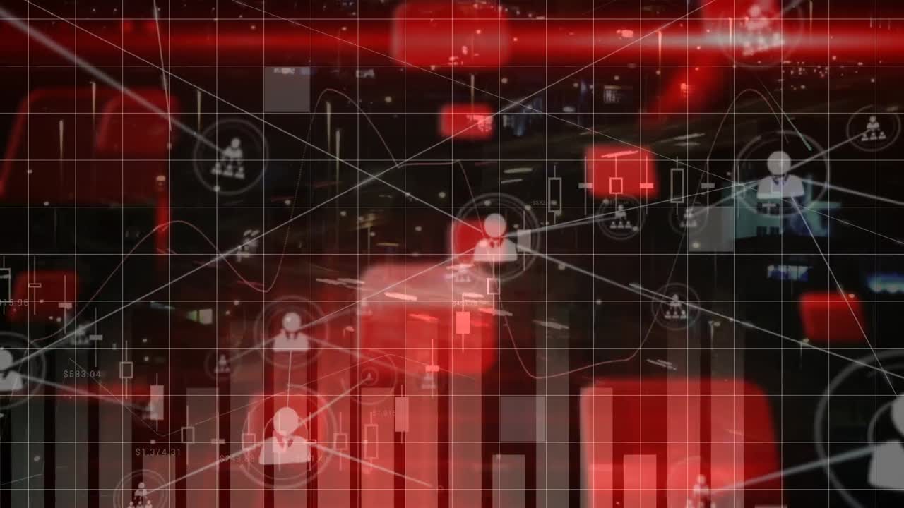 다양한 금융 데이터와 연결 네트워크의 애니메이션은 빨간 화면에 아이콘을 가지고 있습니다.