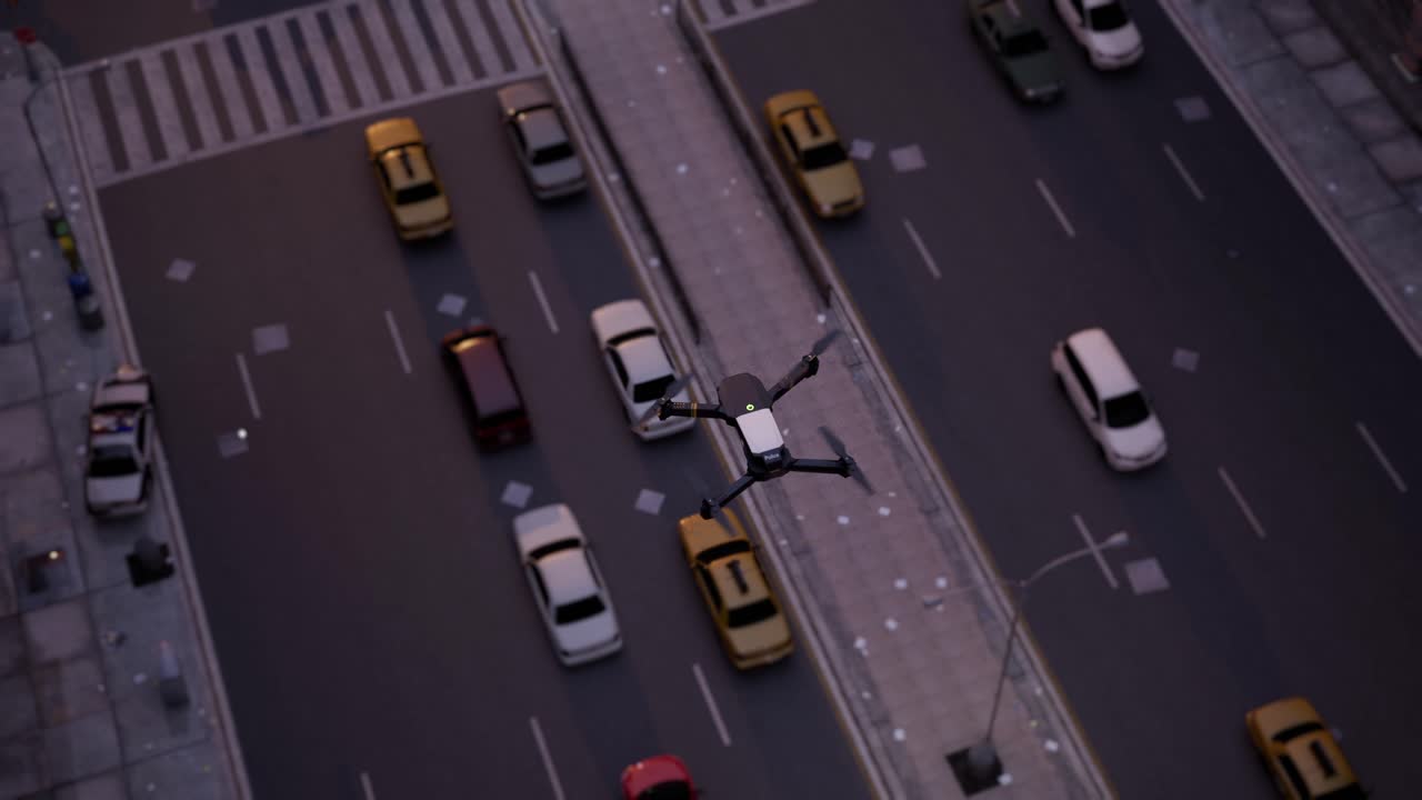 Politi Drone flyver over et vejkryds i byen
