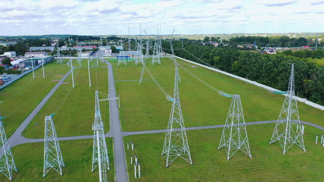 Electric transformers wires and grid. Long-range energy high voltage transmission.