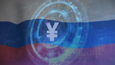 animación de escaneo de alcance y símbolo del yen sobre la bandera de rusia