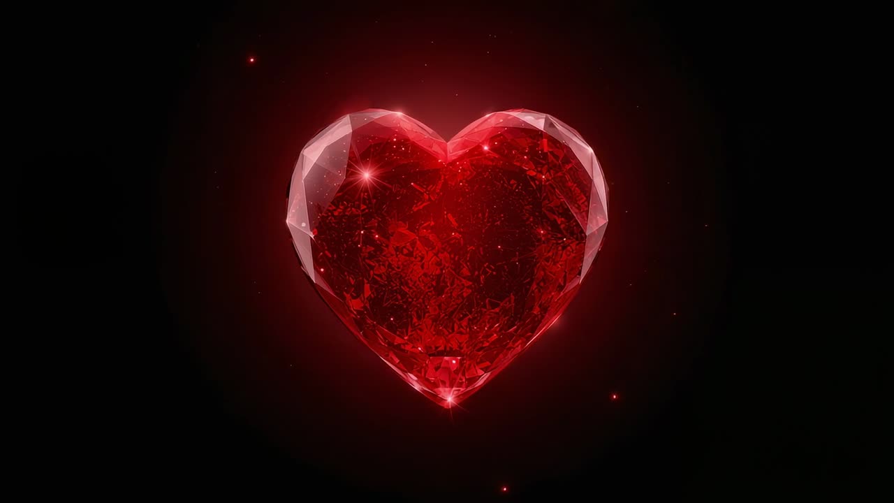 Cuore di gemma rossa tagliato brillante che ruota con la luce che si muove nel vuoto nero, rivelando texture e alone
