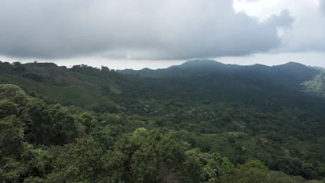 drone passes by the colombian flag to pan over the forested canopy with the sierra nevada in the background