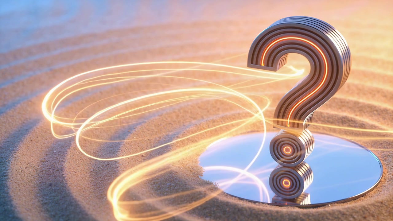 Glowing arc sparking metal qmark emitting gold loops across raked sand, forming pool art