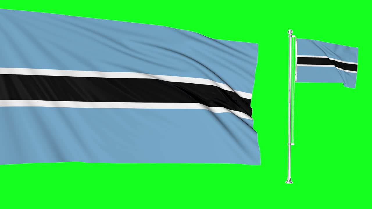 pantalla verde hiper realista bucle de botswana dos banderas ondeando en el viento botswana asta de la bandera revoloteando con animación de textura de tela muy detallada 4k 3d clave de croma