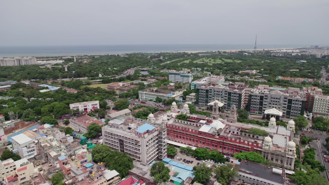 aerial view of government hospital, Southern Railway Headquarters in chennai tamil nadu, daytime , 4k, drone shot
