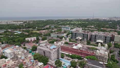 aerial view of government hospital, southern railway headquarters in chennai tamil nadu, daytime , 4k, drone shot