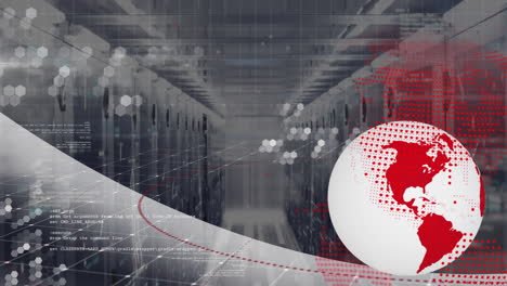 animación del procesamiento de datos digitales y globo sobre servidores informáticos