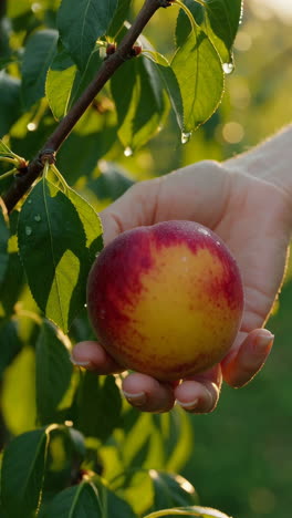 woman picking a peach from a tree