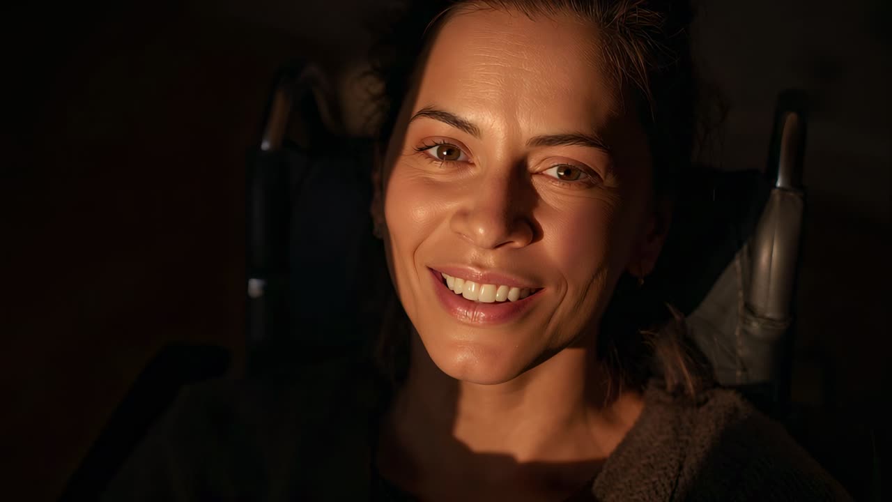 Reacting woman widening, smiling toward offscreen prompt in dim room, warm light, shawl and chair
