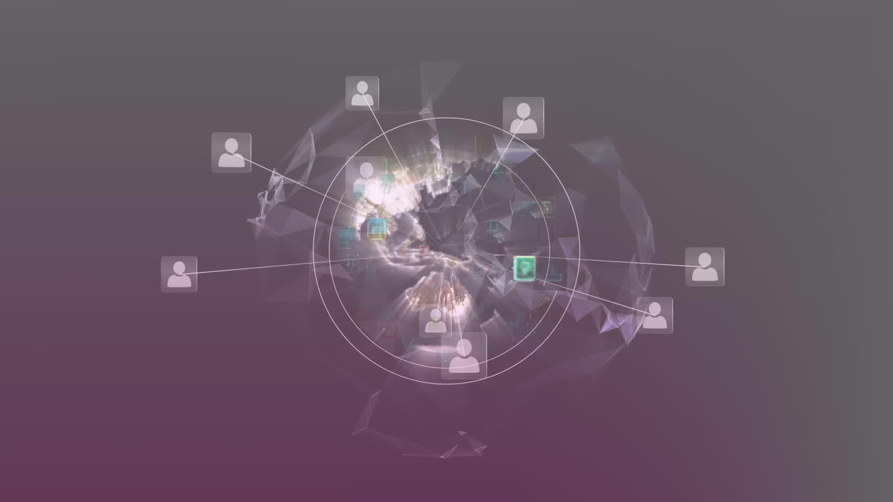 회색 배경 위에 지구와 추상적인 패턴을 둘러싼 프로필 아이콘의 애니메이션