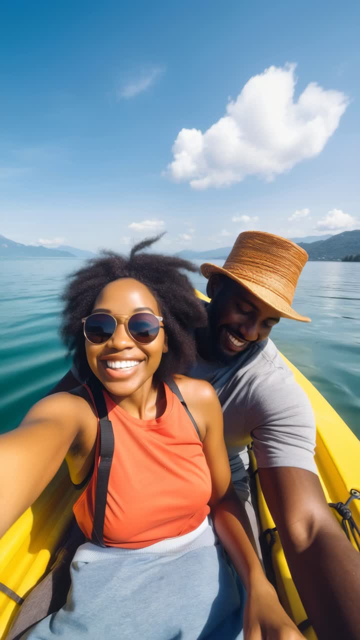 Un couple joyeux en kayak sur un lac paisible, filmé en plongée, évoquant une ambiance de vidéo de voyage.