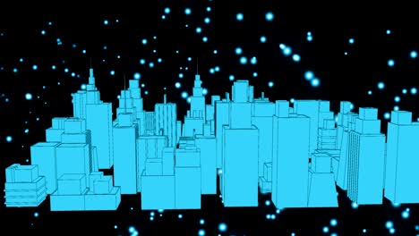 manchas brillantes azules en movimiento y modelo de ciudad en 3d contra un fondo negro