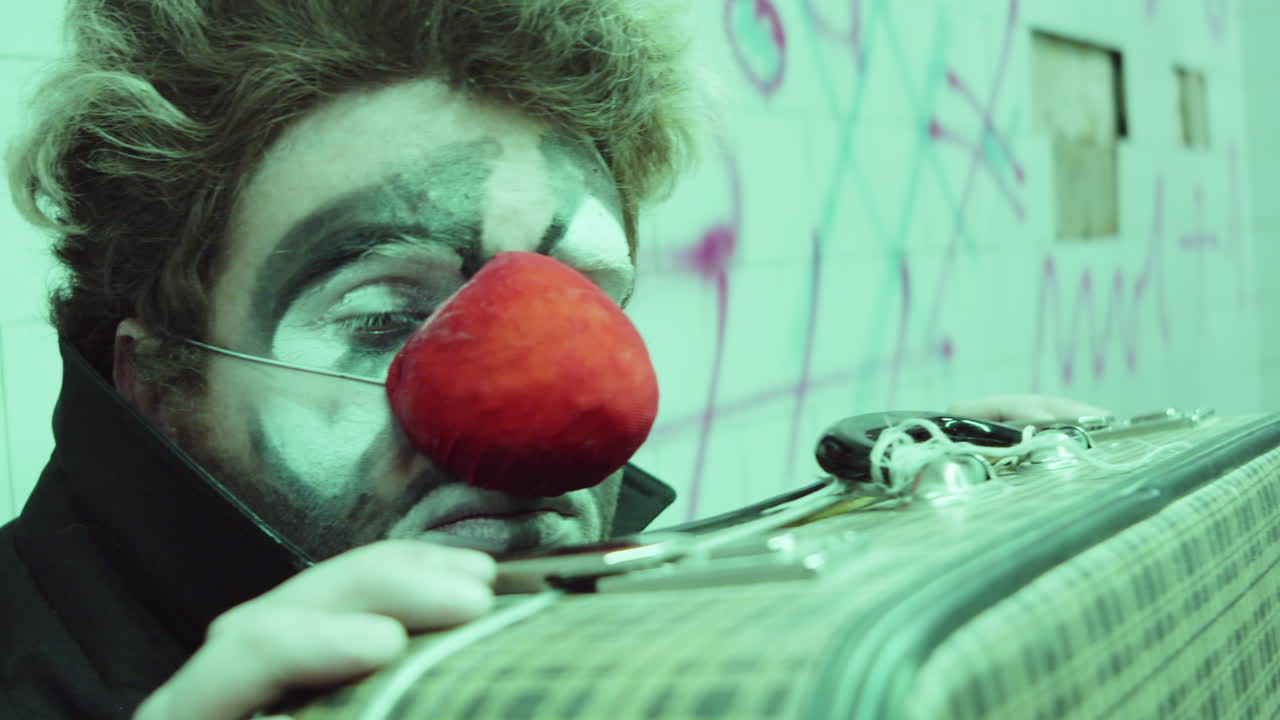 도시 지하 통로에서 슬픈 조롱거리의 초상화