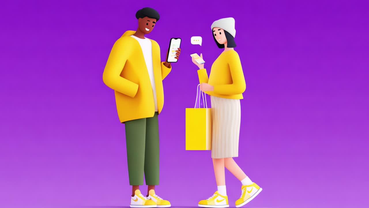 A Vibrant Interaction: Two Stylish Characters Engaged in a Social Media Conversation While Shopping, Surrounded by a Bright Purple Background that Enhances Their Playful Attire