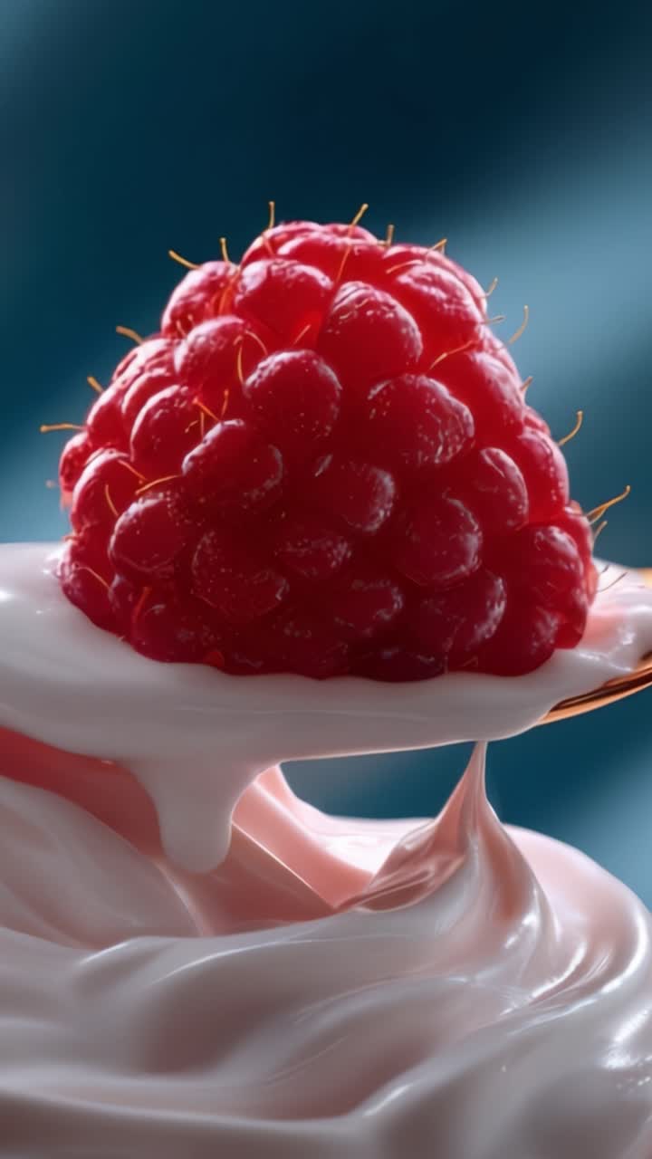 Delicious Red Raspberry Sitting Elegantly on a Creamy Dollop of Smooth Dessert, Captivating View with Soft Focus Background and Vivid Colors