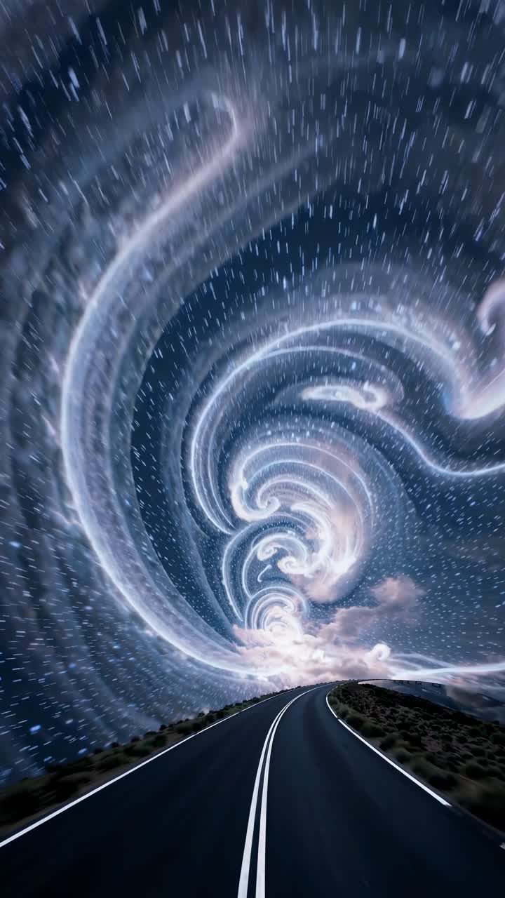 A surreal video concept with a swirling galaxy above a road. Captured from a low angle