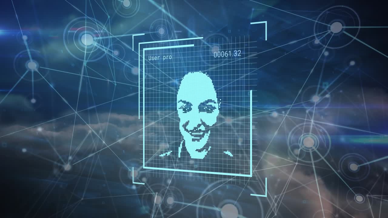 Animation of data processing with diverse people over network of connections and sky with clouds