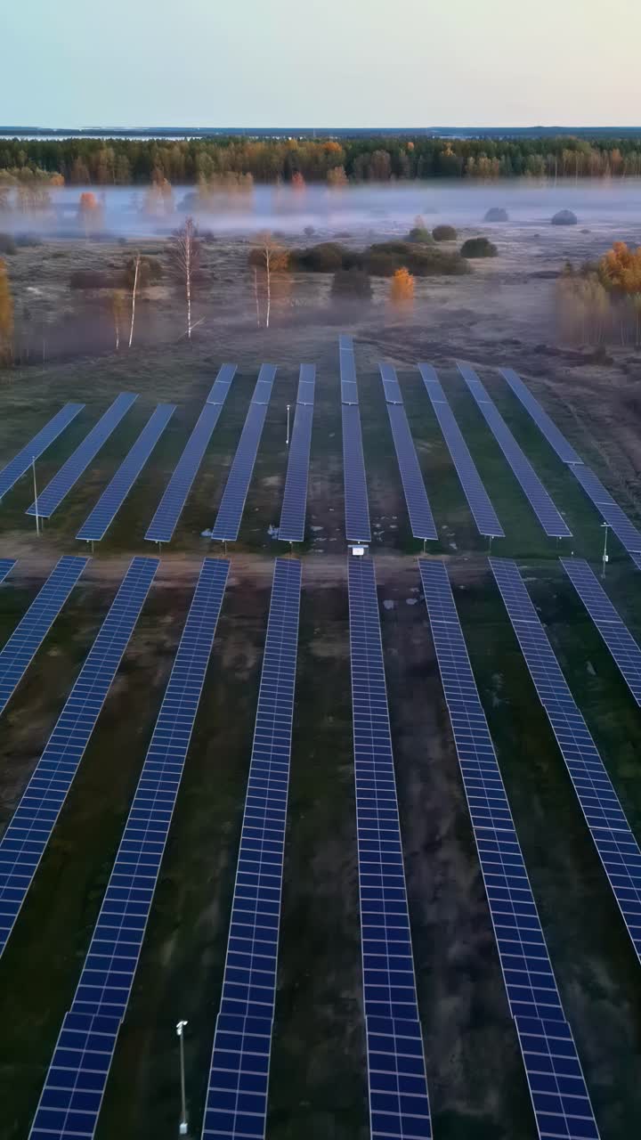 Aerial view of solar panels in a field at sunset, symbolizing clean energy