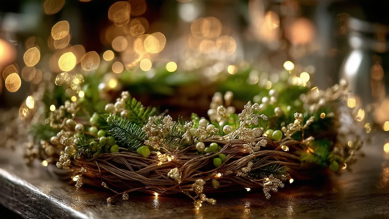 A Beautifully Arranged Decorative Wreath with Sparkling Lights and Natural Elements, Perfect for Celebrating Cozy Seasonal Moments and Holiday Cheer