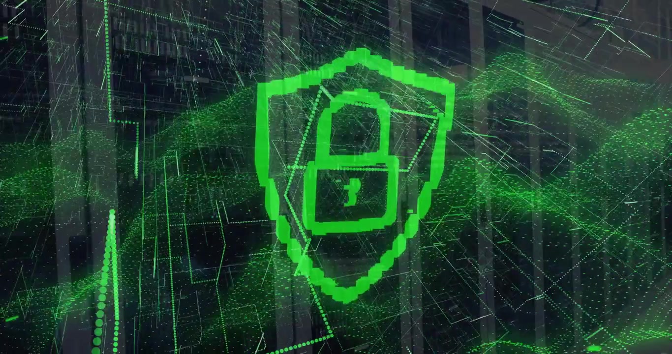 Green 3D shield forming in server corridor, cycling digits unlocking then securing data amid waves