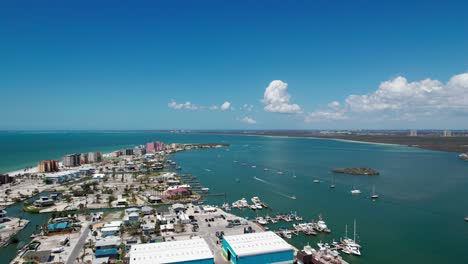 Drone-aerial-view-of-the-Matanzas-Harbor-in-Fort-Myers,-Florida