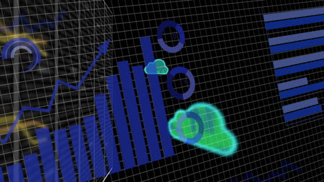 Animation-Von-Graphen-Und-Diagrammen-Zur-Datenverarbeitung-Und-Cloud-Symbolen-über-Einem-Raster-Auf-Schwarzem-Hintergrund