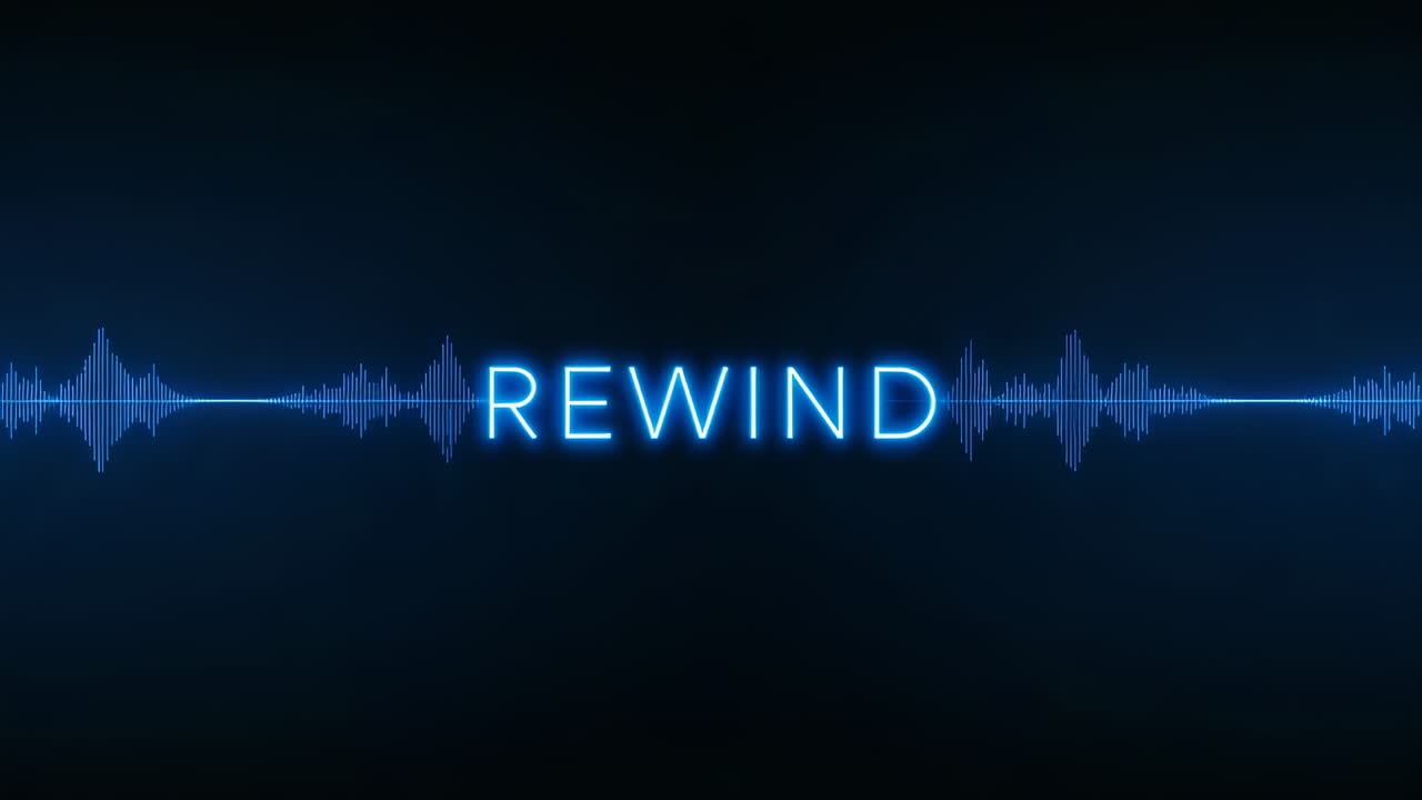 Starting playback neon blue REWIND text pulsing on dark plane, waves shifting along line, looping