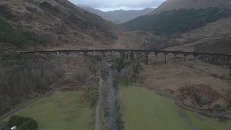 the historic glenfinnan viaduct in scotland, surrounded by nature, aerial view