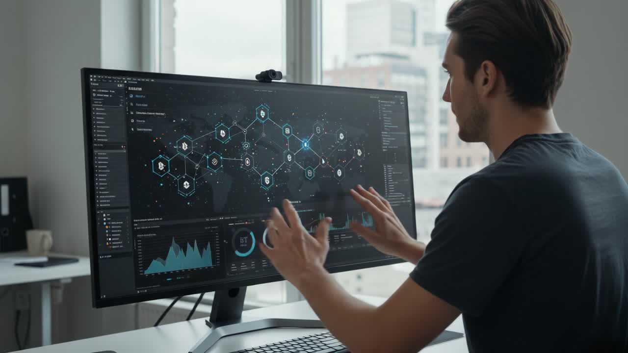A Data Analyst Engaging with Interactive Analytics Software on a Large Monitor, Analyzing Patterns and Trends in Real-Time Data Visualization in a Modern Office Environment