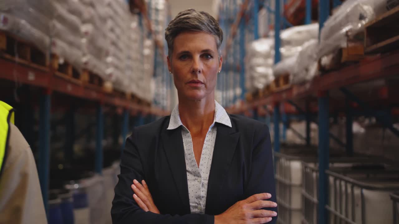 Ritratto di manager donna in un magazzino 4k