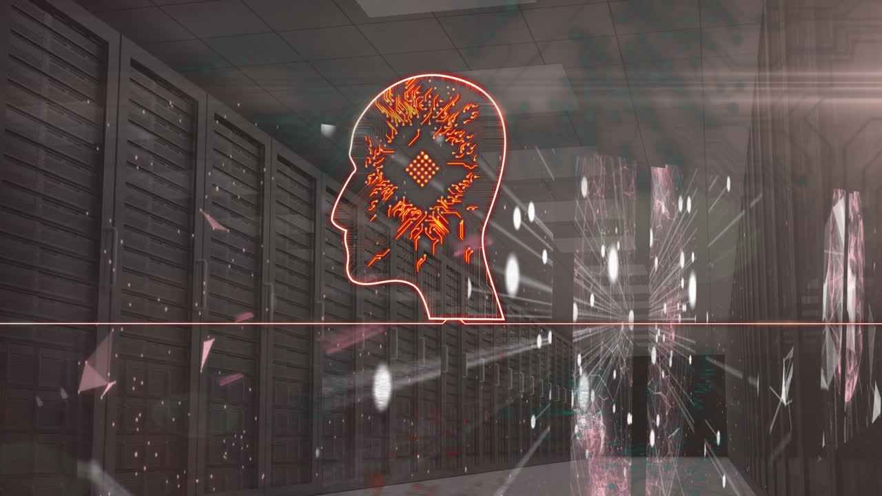불꽃과 반이는 메인보드와 연결 네트워크와 서버 을 가진 머리의 애니메이션