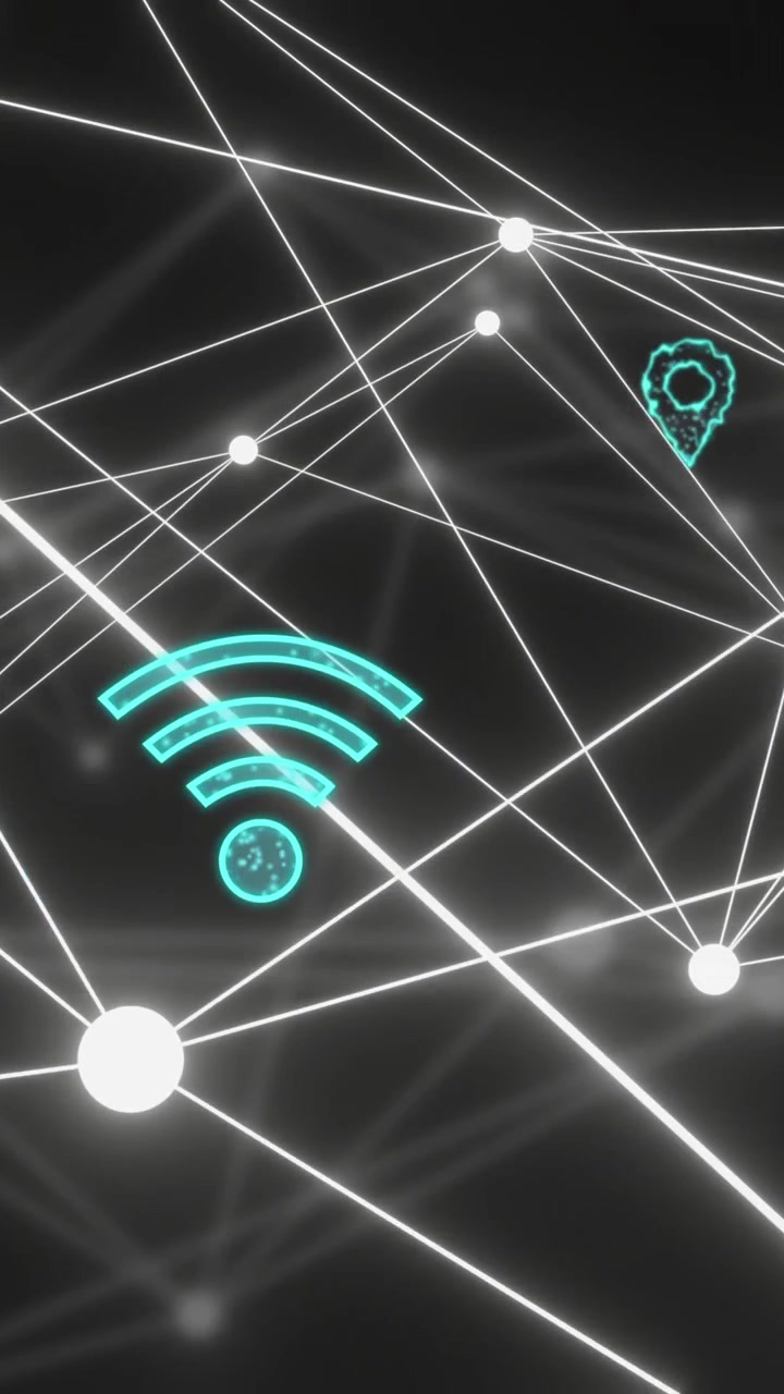 Animation af netværk af forbindelser og digitale ikoner over sort baggrund