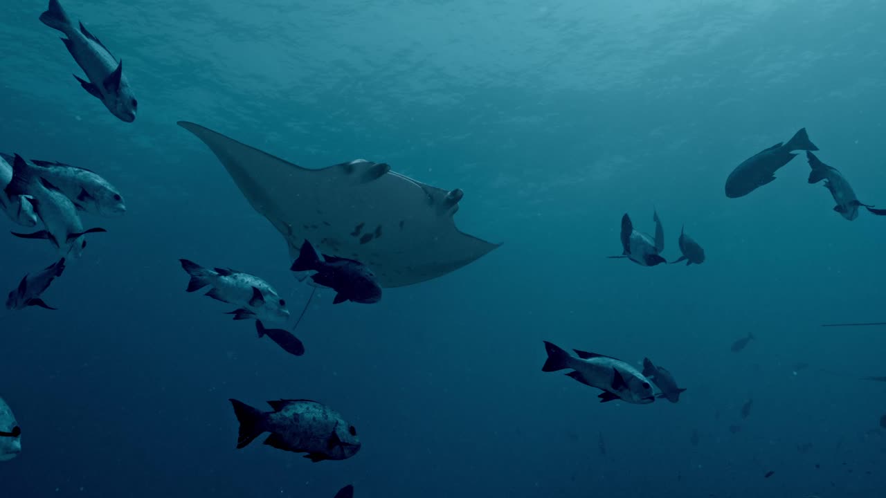 Experience the awe-inspiring sight of giant manta rays gliding gracefully over a bustling cleaning station in Rasdhoo Atoll, Maldives.