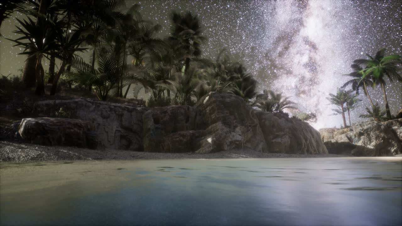Beautiful fantasy tropical beach with Milky Way star in night skies