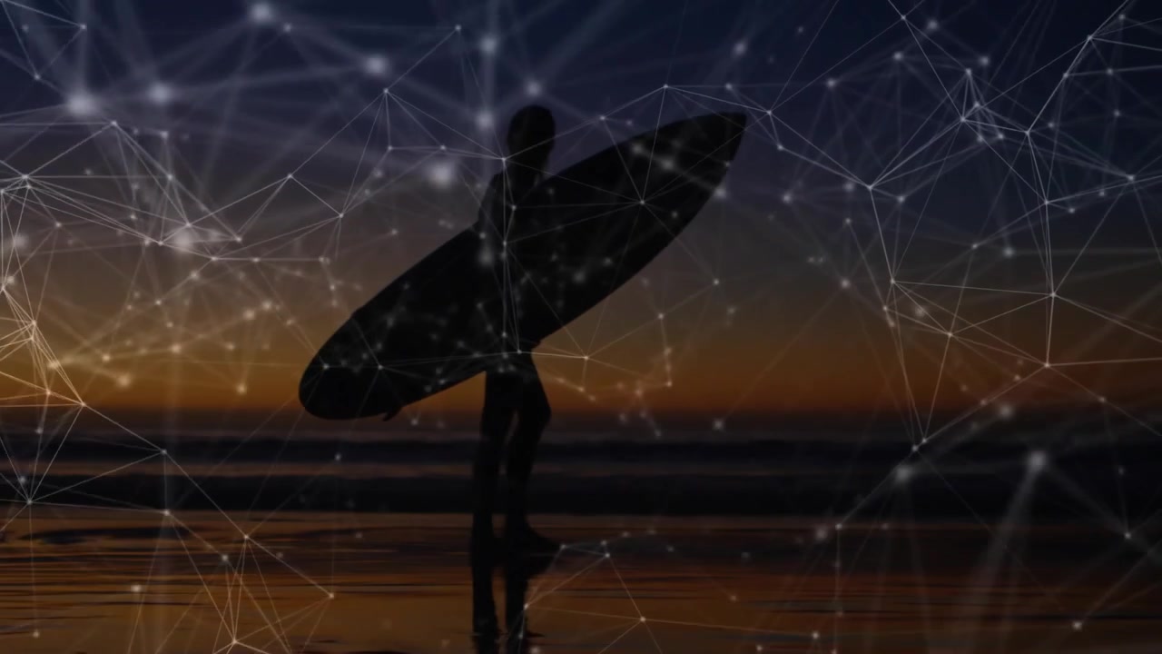 female surfer carrying board walking on sand after emerging water, overlay pulsing for technology