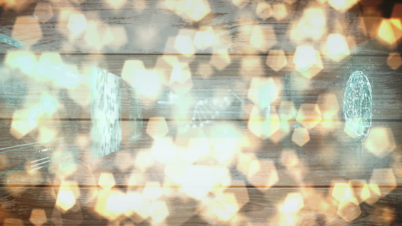 빛나는 불빛과 목조 배경 위의 화면으로 데이터 처리의 애니메이션