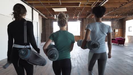 3 female fitness actresses dramatically walk away