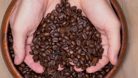 Top-down-shot-of-hands-grabbing-fresh-coffee-beans-and-dropping-down