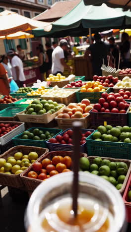 a refreshing drink amidst the vibrant bustle of a fresh produce market