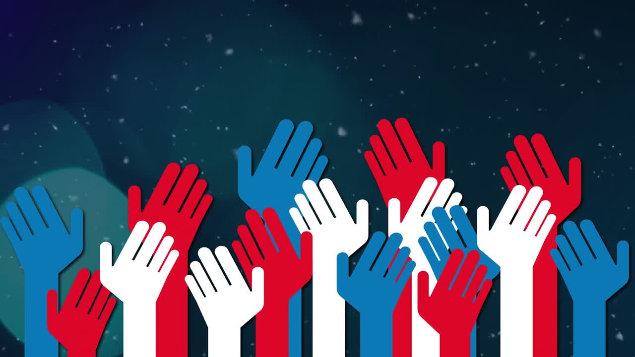 Animation von fallenden weißen Partikeln über Handsymbolen vor Lichtflecken auf blauem Hintergrund.