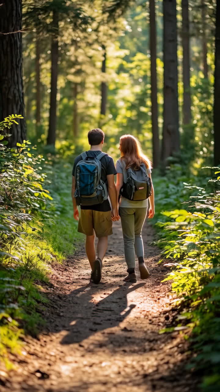 Couple hiking on a sunlit forest trail