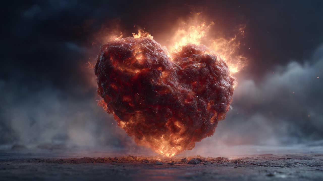 A Dynamic Evolution of Passion: An Explosive Heart Made of Fiery Rock Emerges and Intensifies in Radiance, Capturing the Power of Emotion Through Vivid Flames and Irregular Shapes