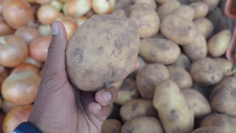 hand holding a potato in a market