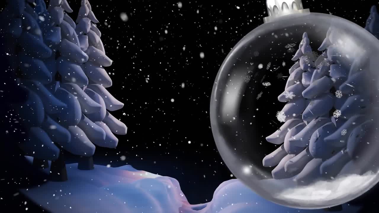 겨울 풍경에서 눈이 떨어지고 눈으로 인 나무 위에 크리스마스 볼의 애니메이션