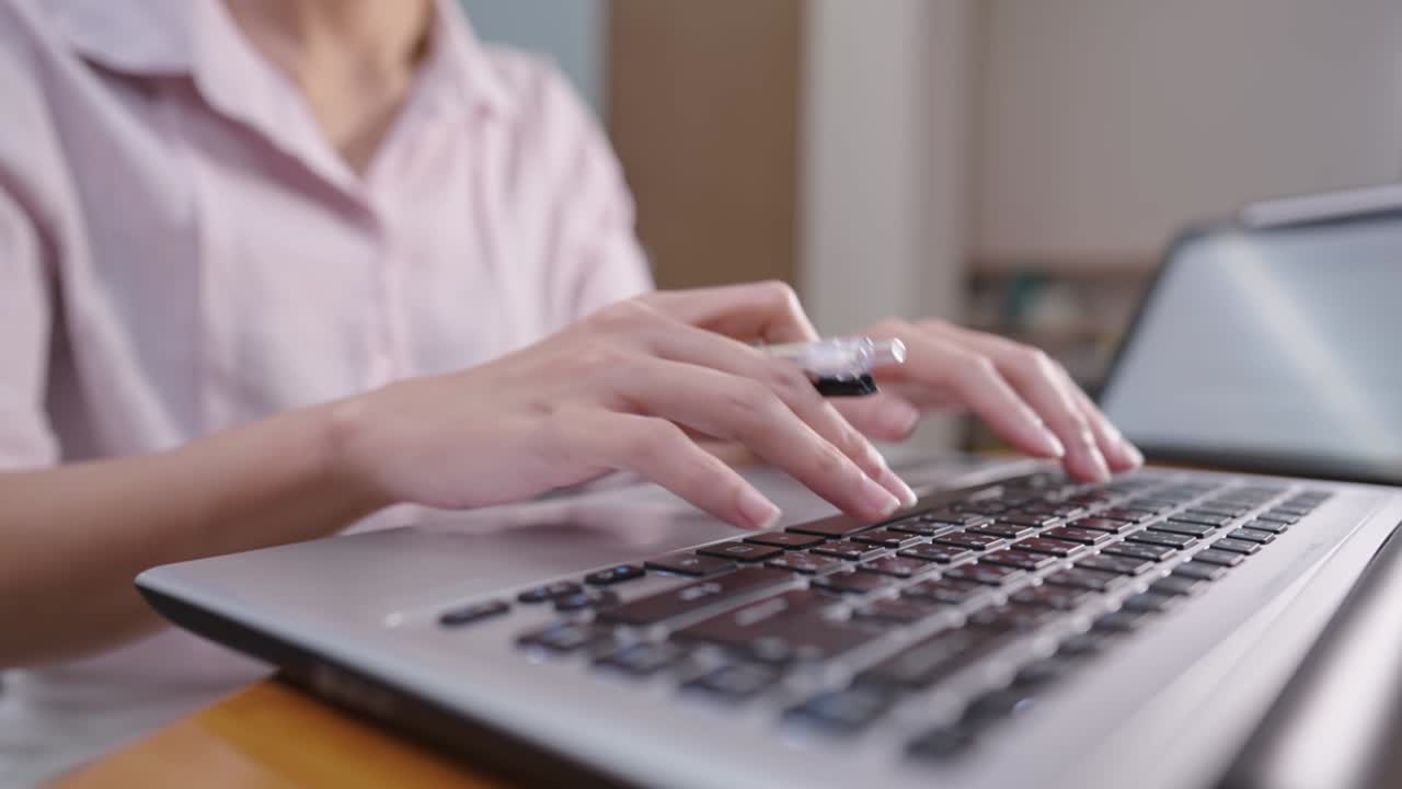 가까운 여성 회계사 노동자 노트북 컴퓨터와 함께 작업, 손으로 펜을 들고 키보드에 타이핑, 재무 관리, 워크홀릭 여성, 멀티 태스크, 워킹 여성, 기한 과업 혼자