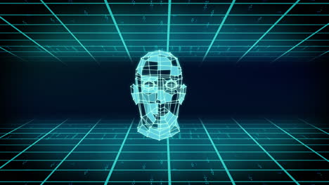 animation of blue 3d cuboid head model rotating over grid and light trails on dark background