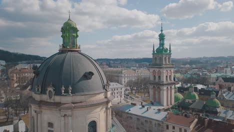 Aerial-City-Lviv,-Ukraine.-European-City.-Popular-areas-of-the-city.-Dominican