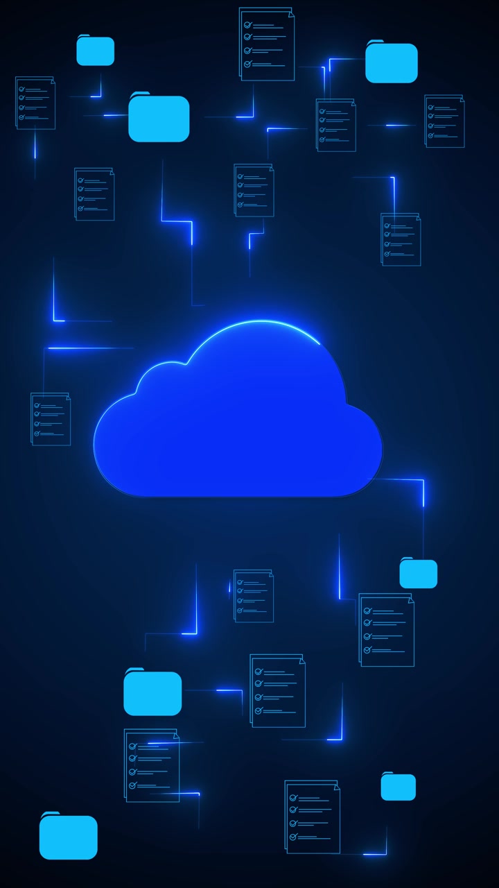Digital cloud storage documents with connected folders checklist files blue neon paths dark